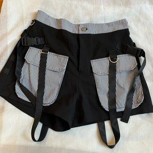 AKIRA Black Shorts with Stripes and Buckle Straps